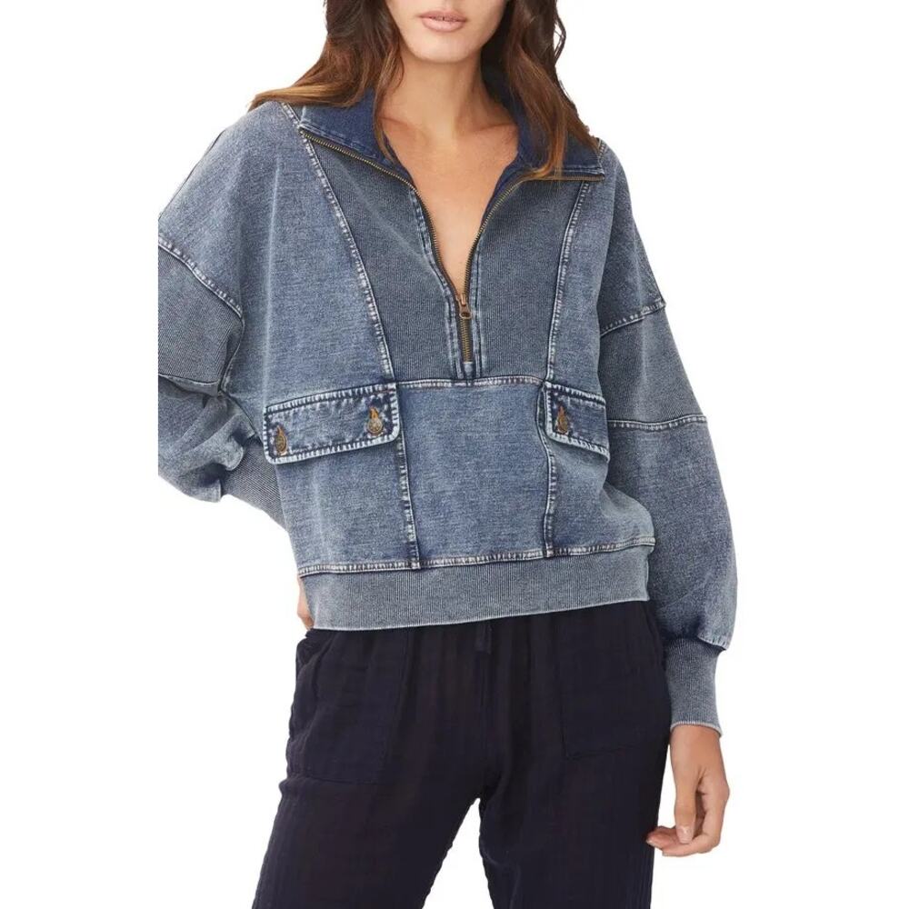 SNDYS Sundays Camille Half Zip Pullover Denim Look Blue Sweatshirt Sz 2 GREAT
